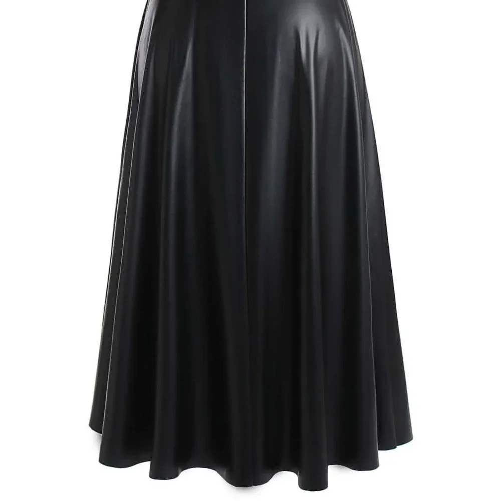 Black Preppy Womens Plus Solid PU Leather Flare Skirt - Picture 3 of 5